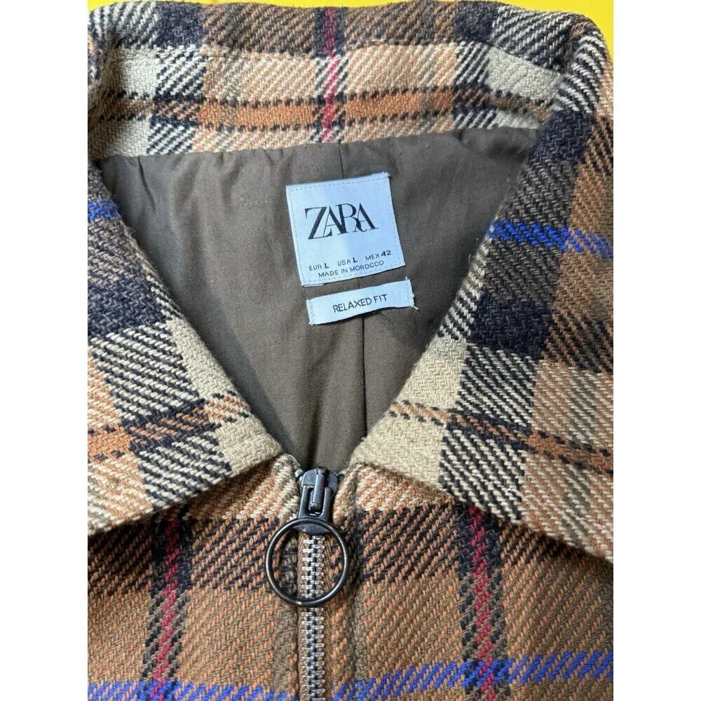ZARA Men’s Textured Flannel Multi Brown Jacket Fall Coat Size Large